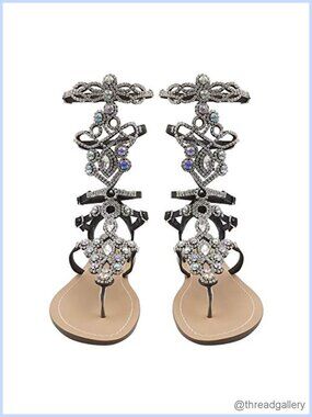 Rhinestone Gladiator Flat Sandals Adjustable Ankle Strap Faux Leather